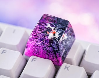 Handmade Koi Fish Resin Keycap, Purple Neon & Dark Rock Artisan for Mechanical Keyboard, Custom MX Keycap, Lucky Koi Gift
