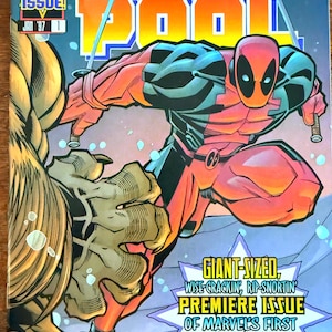 May include: A Marvel Comics Deadpool comic book, issue number 1 from January 1997, featuring a red and black costumed character in a dynamic action pose. The cover includes the text 'DEADPOOL', '1ST COLLECTOR'S ISSUE', and 'GIANT-SIZED, WISE-CRACKIN', RIP-SNORTIN' PREMIERE ISSUE OF MARVEL'S FIRST MERC-WITH-A-MONTHLY'.