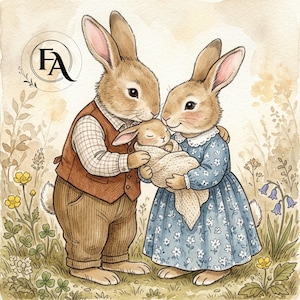 May include: Watercolor illustration of a bunny family. The parents, dressed in a vest and floral dress, cradle a baby bunny wrapped in a blanket. The scene is set in a field with flowers and foliage.