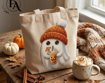Cute Ghost Tote Bag with Pumpkin Spice Latte & Beanie, Aesthetic Halloween Canvas Bag, Fall Vibes Gift for Coffee Lovers, Spooky Season Bag