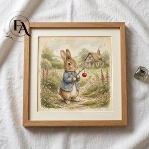 Puede incluir: Una impresión en acuarela enmarcada que representa un conejo marrón con una chaqueta azul sosteniendo una rama de cereza. El conejo está de pie en un camino frente a una cabaña. La obra de arte está enmarcada en un marco de madera con un passe-partout crema.