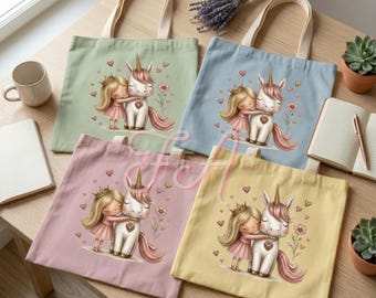 Cottagecore Prinzessin und Einhorn, 2PNG Designs für Tragetaschen, Vintage Mädchen Kinderzimmer Sublimation, süße Märchen Clip Art, digitaler Download