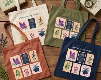 Borsa tote vintage con francobolli botanici / Regalo per amanti della natura in stile cottagecore / Borsa in tela con motivi floreali ed erbe aromatiche / Borsa retrò per il mercato dei fiori selvatici per lei