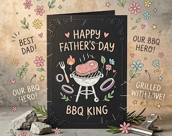 BBQ King Vaderdagkaart Zwarte Doodle Grill Dad Card Afdrukbare BBQ Hero Card Funny Dad Gift Happy Fathers Day Digitale png-download
