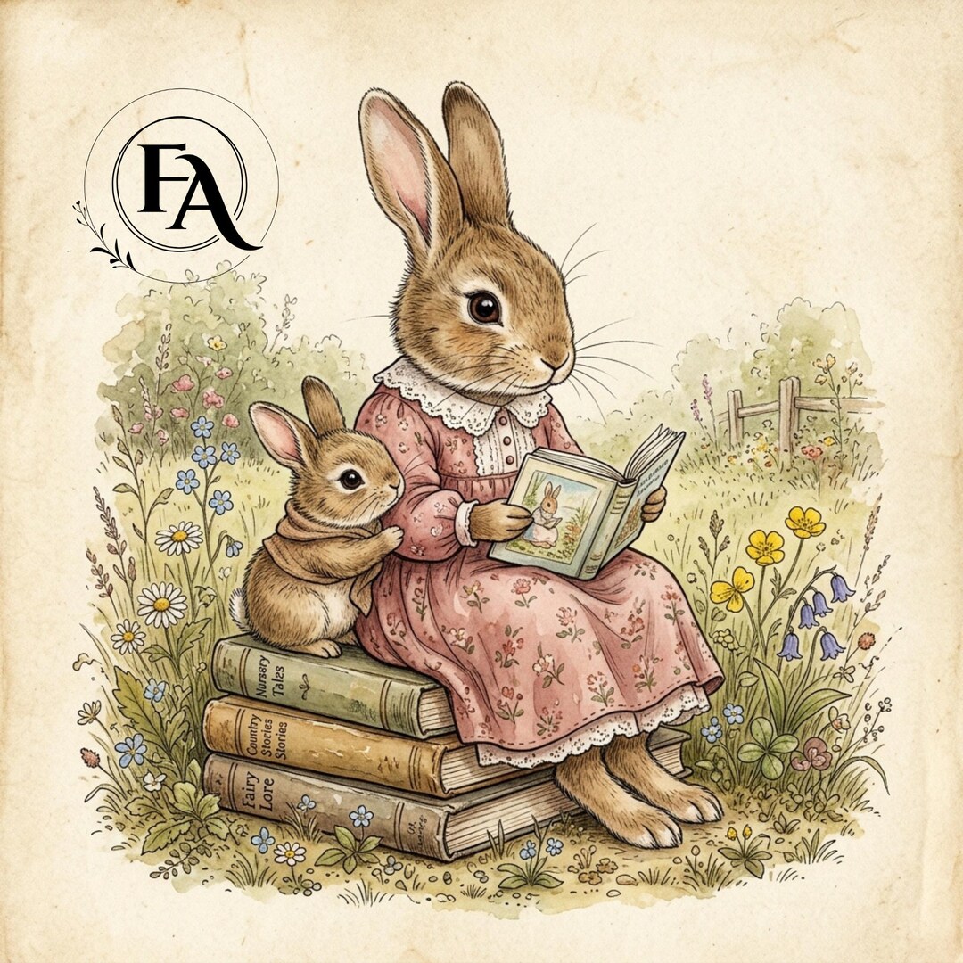 Vintage Bunny Reading a Book PNG, Nursery Mother and Baby Rabbit Art ...