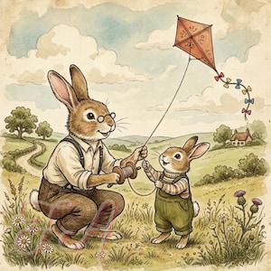 Puede incluir: Ilustración en acuarela de dos conejos antropomórficos en un campo. Uno, con gafas y tirantes, sostiene una bobina de hilo. El otro, con peto, sostiene la cuerda de una cometa naranja con lazos de colores.