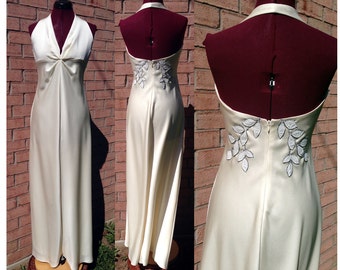 Cream Wedding Dress Marilyn Monroe Style  / Halter Wedding Dress with Unique Petal Applique Back Design / Upcycled  Wedding Dress / Size 6-8