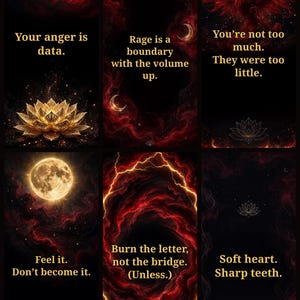 May include: A six-panel digital art collage featuring dark red and black backgrounds with gold text. Phrases include Your anger is data, Rage is a boundary with the volume up, You're not too much. They were too little, Feel it. Don't become it, Burn the letter, not the bridge. (Unless.), and Soft heart. Sharp teeth.