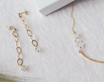 Gold Chain Earrings, 14kt Gold Filled Long Chain Earrings, Herkimer Diamond Earrings, Heavy Chain Earrings, Elegant Chain Earrings