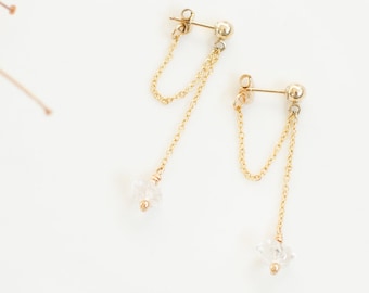 Chained Stud Earrings, Chain Dangle Earrings, Quartz Earrings, Drapey Gold Earrings, Herkimer Diamond Earrings, Long Chain Earrings,