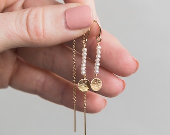 Elegant Pearl Earrings, Pearl Threader Earrings, June Birthstone Earrings, 14kt Gold Filled Pearl Earrings, Bridal Earrings, Bridesmaid Gift