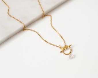 Short gold filled necklace, layering necklace, gold choker necklace, herkimer diamond necklace, toggle necklace