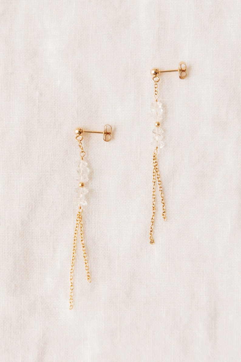 Herkimer Diamond Earrings, Long Chain Earrings, Long Gold Earrings, Long Bridal Earrings, Gold Chain Earrings image 1