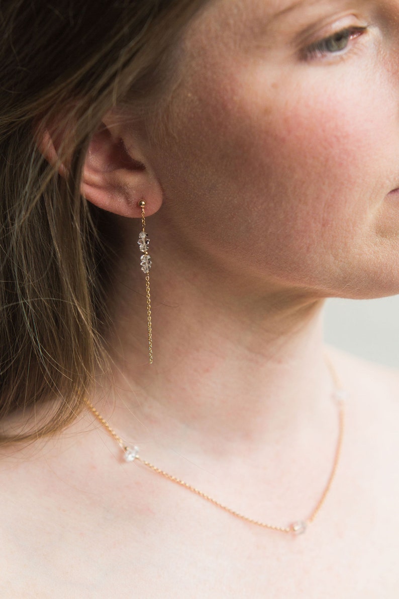 Herkimer Diamond Earrings, Long Chain Earrings, Long Gold Earrings, Long Bridal Earrings, Gold Chain Earrings image 2