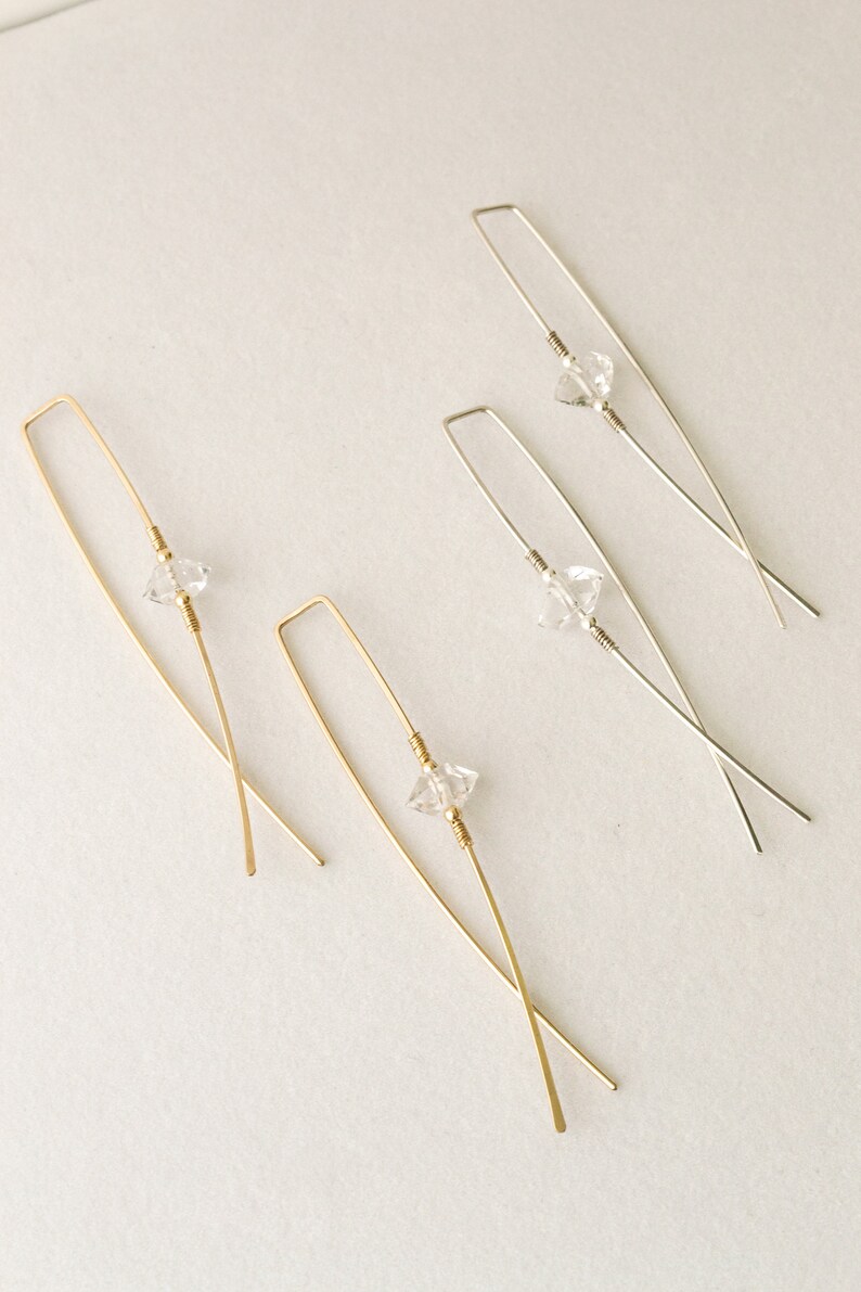 Threaders minimalistes, boucles doreilles herkimer diamond, boucles doreilles simplistes modernes, boucles doreilles en or délicat image 3