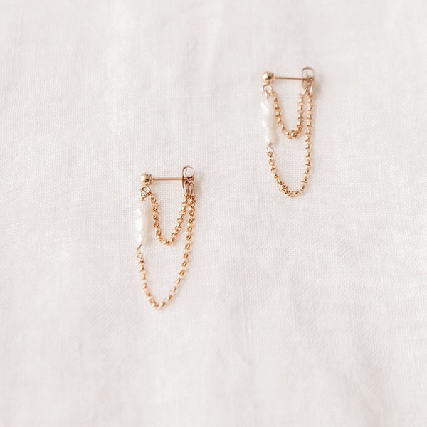 Pearl Jacket Earrings, Pearl Chain Earrings, Gold Jacket Earrings, Pearl Huggie Earrings, Pearl and Gold Earrings