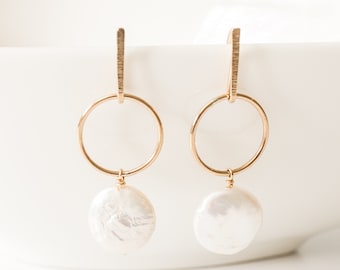 Dangle Pearl Earrings, Modern Pearl Earrings, Coin Pearl Earrings, Gold Filled Earrings, Long Pearl Earrings