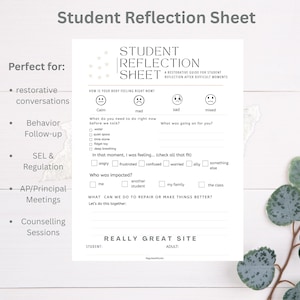 May include: A white Student Reflection Sheet with the title in large, bold, black font. The sheet includes prompts for emotional self-assessment and reflection, with sections for feelings, needs, and solutions. The sheet is designed for restorative conversations.