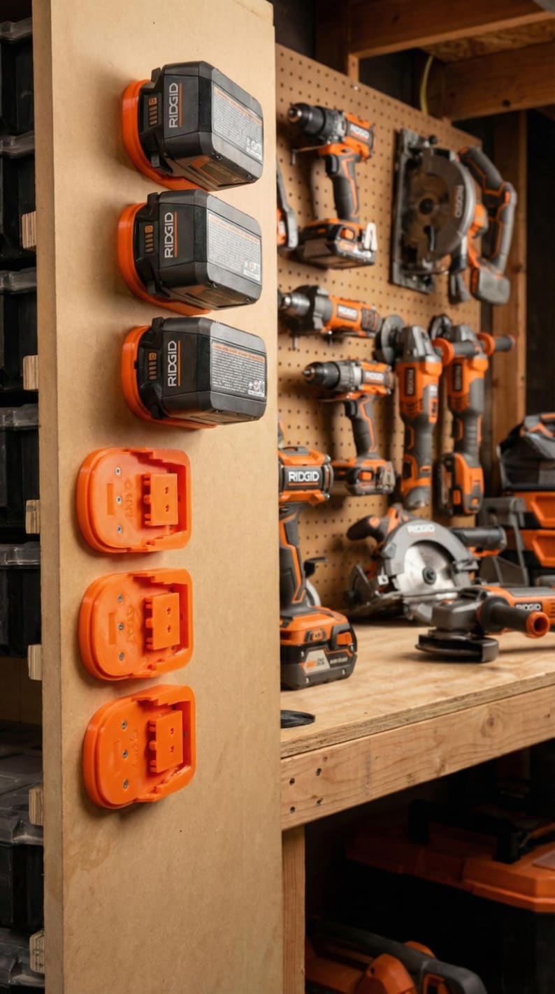 May include: A wooden panel displays several black and orange power tool batteries and charging bases. The batteries are labeled "RIDGID". Other power tools are visible in the background, including drills, saws, and grinders, all in matching black and orange.