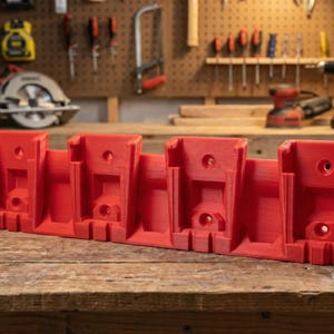 May include: A red power tool battery holder sits on a wooden workbench. The holder has five slots and is surrounded by sawdust and other tools, including a circular saw and a sander. The background includes a pegboard with tools.