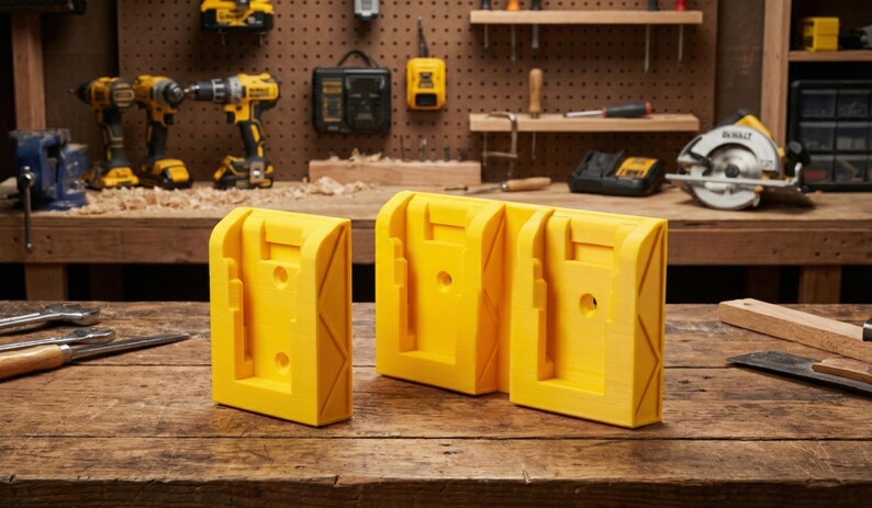 May include: Three bright yellow battery holders for power tools are displayed on a wooden workbench. The holders are designed to securely hold power tool batteries. The background shows other power tools and a pegboard, suggesting a workshop setting.