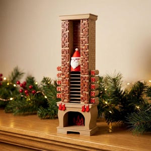 Puede incluir: Un calendario de adviento con temática navideña en forma de chimenea, con una figura de Papá Noel. La chimenea está hecha de un material similar al ladrillo, con números que marcan los días. Medias rojas y una chimenea en la base.