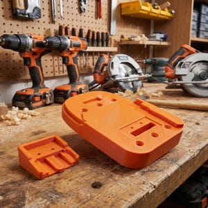 May include: Two orange and black power drills and two orange battery holders sit on a wooden workbench. A circular saw and other tools are in the background. The battery holders are rectangular with holes and slots.