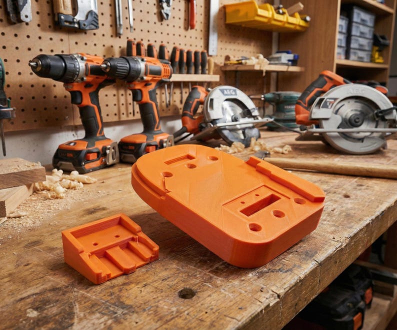 May include: Two orange and black power drills and two orange battery holders sit on a wooden workbench. A circular saw and other tools are in the background. The battery holders are rectangular with holes and slots.