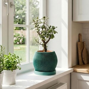 May include: A jade plant in a teal, wave-patterned pot sits on a windowsill, next to smaller potted herbs. The kitchen setting includes white cabinets, wooden cutting boards, and a view of a green yard through the window.
