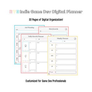 Puede incluir: Un planificador digital para desarrolladores de juegos independientes. El planificador incluye páginas para la planificación artística, guiones gráficos, crecimiento diario y planificación semanal. El texto de la imagen dice: "RYB Indie Game Dev Digital Planner", "22 páginas de organización digital!"