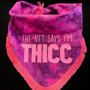 May include: A tie-dye pet bandana in shades of pink and purple, with a bright pink fringe. The text "THE VET SAYS I'M THICC" is printed in large, glittery pink letters.