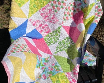 Handmade Tropical Flamingo Quilt, Beach House Coastal Decor, 56.5" Square Throw Blanket