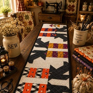Läskig lapptäcke Halloween-bordslöpare, häxfötter – 35 x 140 cm – Handgjord