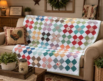Colcha de patchwork hecha a mano, bloques de diamantes coloridos, decoración rústica de granja, 69"x69"