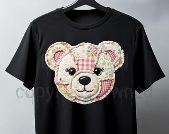 Diseño PNG de osito de peluche patchwork, estilo shabby chic cottagecore floral a cuadros (descarga digital)