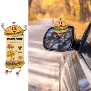 Puede incluir: Un personaje de hamburguesa de dibujos animados con una bandera roja en la parte superior, saludando y sonriendo, se refleja en el espejo lateral de un coche. La imagen también muestra un letrero con las palabras "BRAND NAME Fast Food" y un código QR.