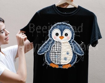 Imágenes prediseñadas de pingüinos con retazos, ilustración invernal de mezclilla, diseño de tela cosida a mano (descarga digital)