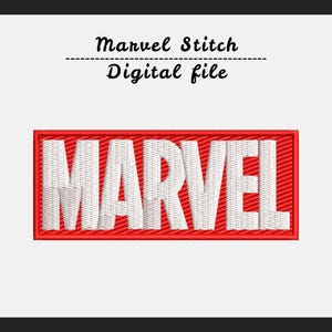 May include: A digital embroidery design file featuring the word MARVEL in bold white capital letters with a textured stitch effect, enclosed within a rectangular red border. The text Marvel Stitch Digital file appears above the design.