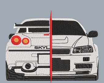 Diseño de bordado Nissan Skyline GT-R - Archivos de bordado de autos JDM divididos para la parte delantera y trasera (descarga digital)