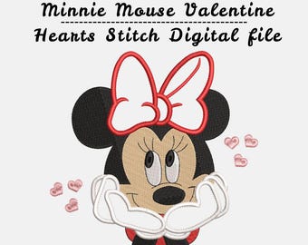 Diseño de bordado de Minnie Mouse con corazones para San Valentín, bordado a máquina (archivo digital)