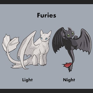 May include: Illustration of two cartoon dragons labeled "Light" and "Night" with the word "Furies" above them. The "Light" dragon is white with blue eyes, and the "Night" dragon is black with green eyes and red accents.