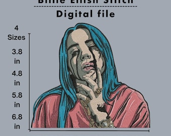 Diseño de bordado de retrato de Billie Eilish / Archivo para máquina de coser con dibujo lineal (descarga digital)