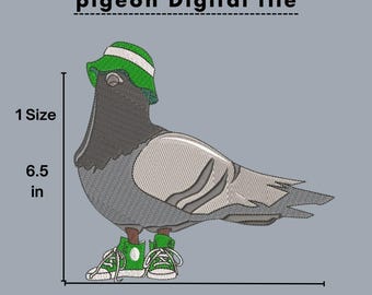 Diseño de bordado de paloma divertida / Pájaro de dibujos animados con sombrero y zapatillas (archivo digital)