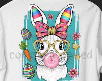 Imagen prediseñada de conejito de Pascua soplando chicle, diseño imprimible por sublimación con pinceladas (descarga digital).