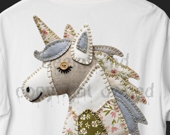 Clipart PNG de unicornio patchwork, diseño vintage de apliques florales para sublimación (descarga digital)