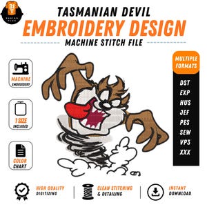 Wild Tornado Monster Embroidery Design, Spinning Taz Cartoon Machine Embroidery File, Retro Beast Stitch Pattern, Digital Download