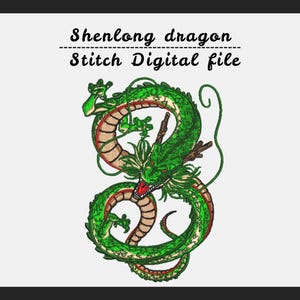 May include: An embroidery design of a green Shenlong dragon with a tan underbelly and red mouth, coiled in a figure-eight shape. The text above the dragon reads: Shenlong dragon Stitch Digital file. The design features detailed scales and whiskers.