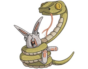 Diseño de bordado de conejo y serpiente divertidos - Archivo de máquina de bordar de dibujos animados de animales humorísticos para descarga instantánea