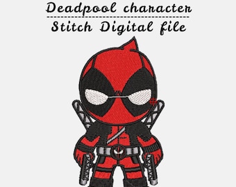 Diseño de bordado del personaje Deadpool - Archivo de puntada de bordado de superhéroe de Marvel estilo Kawaii (Descarga digital)