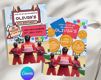 Paquete de plantillas de tarjetas de invitación de cumpleaños con temática de juegos, invitación a fiesta de juegos, cumpleaños con luz roja y luz verde, cumpleaños para niño o niña, descarga digital.